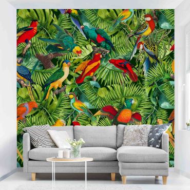 Fototapet - Colourful Collage - Parrots In The Jungle