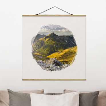 Stoffbild mit Posterleisten - Wasserfarben - Berge und Tal der Lechtaler Alpen in Tirol - Quadrat 1:1