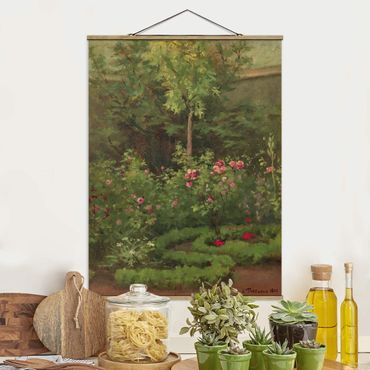 Stoffbild mit Posterleisten - Camille Pissarro - Ein Rosengarten - Hochformat 3:4
