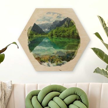 Hexagon Bild Holz - Wasserfarben - Bergsee mit Spiegelung