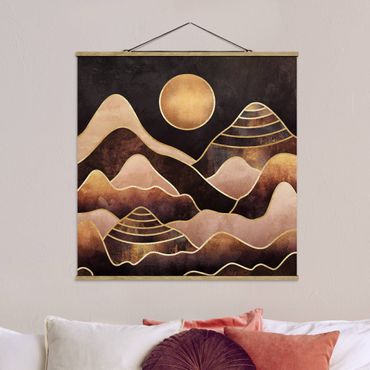 Stoffbild mit Posterleisten - Elisabeth Fredriksson - Goldene Sonne abstrakte Berge - Quadrat 1:1