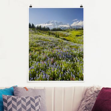 Poster - Mountain Meadow With Red Flowers in Front of Mt. Rainier