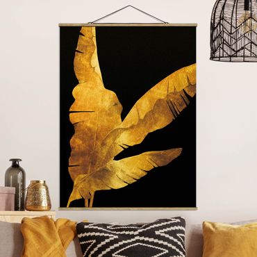 Stoffbild mit Posterleisten - Gold - Bananenpalme auf Schwarz - Hochformat 3:4