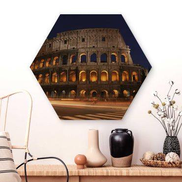 Hexagon Bild Holz - Colosseum in Rom bei Nacht