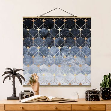 Stoffbild mit Posterleisten - Elisabeth Fredriksson - Blaue Geometrie goldenes Art Deco - Quadrat 1:1