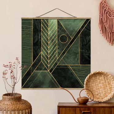Stoffbild mit Posterleisten - Elisabeth Fredriksson - Geometrische Formen Smaragd Gold - Quadrat 1:1