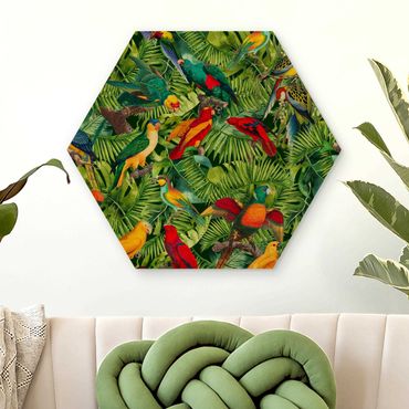 Hexagon Bild Holz - Bunte Collage - Papageien im Dschungel