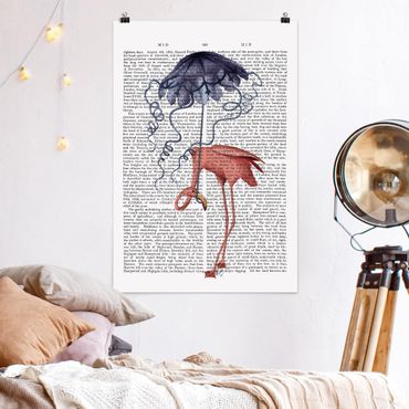 Poster - Tierlektüre - Flamingo mit Regenschirm - Hochformat 3:2