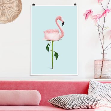 Poster - Jonas Loose - Flamingo mit Rose - Hochformat 3:2