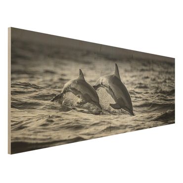 Holzbild - Zwei springende Delfine - Panorama
