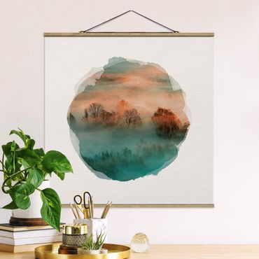 Stoffbild mit Posterleisten - Wasserfarben - Nebel bei Sonnenaufgang - Quadrat 1:1