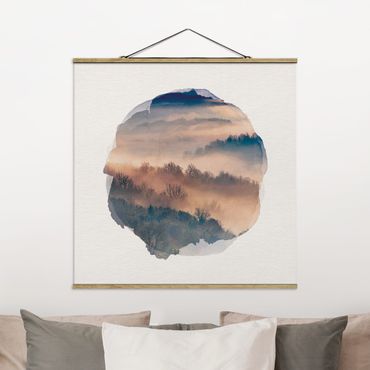 Stoffbild mit Posterleisten - Wasserfarben - Nebel bei Sonnenuntergang - Quadrat 1:1