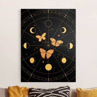 Leinwandbild Gold - Mondphasen und Schmetterlinge Rosa - Hochformat 3:4