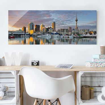 Glasbild - Auckland Skyline Sonnenuntergang - Panorama Quer