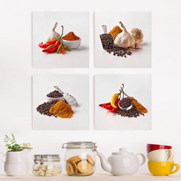 Leinwandbild 4-teilig - Chili Knoblauch und Gewürz - Sets