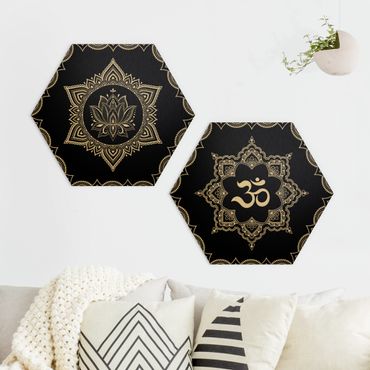 Hexagon Bild Alu-Dibond 2-teilig - Lotus OM Illustration Set Schwarz