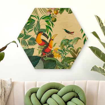 Hexagon Bild Holz - Vintage Collage - Vögel im Dschungel
