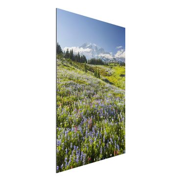 Aluminium Dibond tavla - Mountain Meadow With Red Flowers in Front of Mt. Rainier