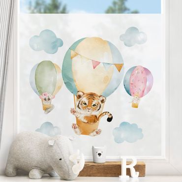 Vinduesklistermærke - Watercolour Balloon Ride - Tiger and Friends
