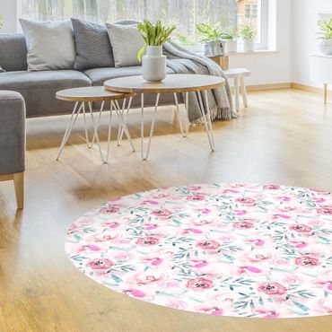 Runder Vinyl-Teppich - Aquarell Blumen Pink mit Blauen Blättern