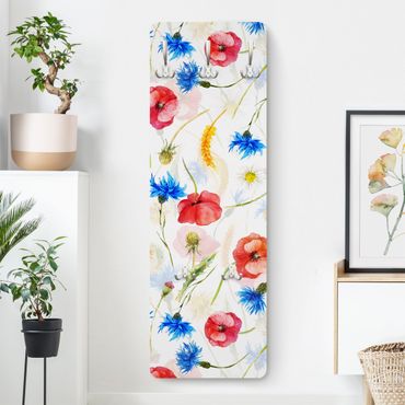 Knagerække træpanel - Watercolour Wild Flowers With Poppies