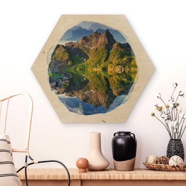 Hexagon Bild Holz - Wasserfarben - Berglandschaft mit Wasserspiegelung in Norwegen