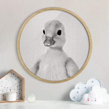 Rundes Gerahmtes Bild - Baby Ente Emma Schwarz Weiß