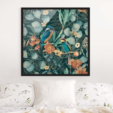 Bild mit Rahmen - Blumenparadies Eisvogel und Kolibri - Quadrat