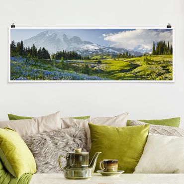 Poster - Mountain Meadow With Blue Flowers in Front of Mt. Rainier