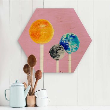 Hexagon Bild Holz - Jonas Loose - Lollipops mit Planeten