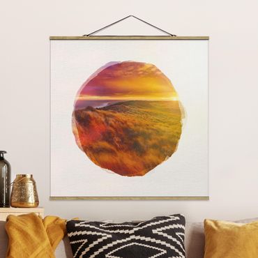 Stoffbild mit Posterleisten - Wasserfarben - Sonnenaufgang am Strand auf Sylt - Quadrat 1:1