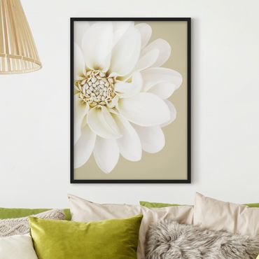 Bild mit Rahmen - Dahlie Weiß Pastell Sandfarben - Hochformat