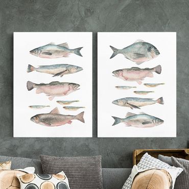 Leinwandbild 2-teilig - Fische in Aquarell Set I - Hoch 4:3