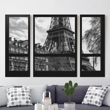 Leinwandbild 3-teilig - Fensterausblick Paris - Nahe am Eiffelturm schwarz weiß - Triptychon