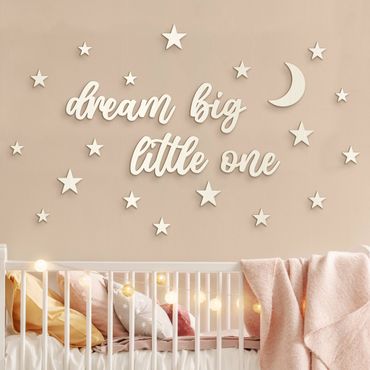 Vægdekoration i træ med 3D-bogstaver - Dream big little one - Moon & Stars
