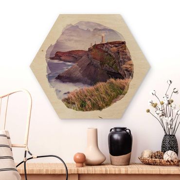 Hexagon Bild Holz - Wasserfarben - Steilküste und Leuchtturm