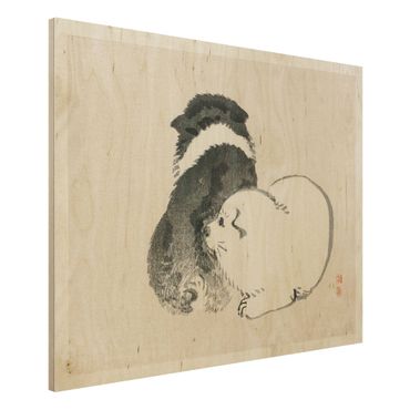 Holzbild - Asiatische Vintage Zeichnung Schwarze und weiße Hündchen - Querformat 3:4