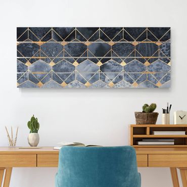 Holzbild - Elisabeth Fredriksson - Blaue Geometrie goldenes Art Deco - Querformat 2:5