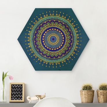 Hexagon Bild Holz - Mandala Blau Gold