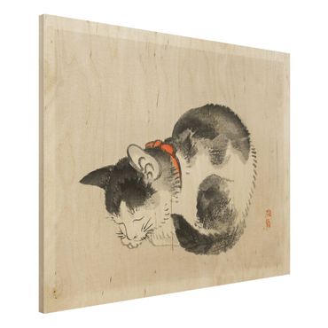 Holzbild - Asiatische Vintage Zeichnung Schlafende Katze - Querformat 3:4