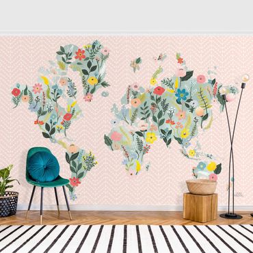 Fototapet - Floral World Map Turquoise