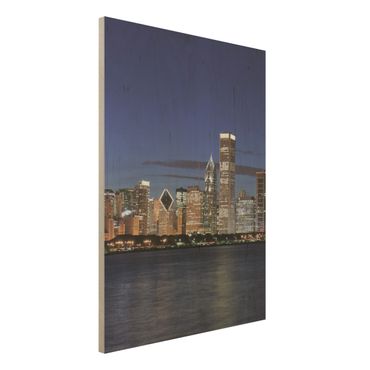 Holz Wandbild - Chicago Skyline bei Nacht - Hoch 3:4