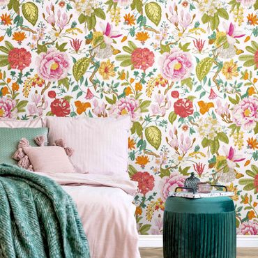 Fototapet - Illustrated Floral Chinoiserie Pattern On Light Pink
