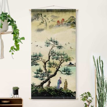 Gobelin - Japanese Watercolour Drawing Pine Tree And Mountain Village