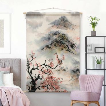 Gobelin - Japanese Watercolour Drawing Cherry Tree And Mountain