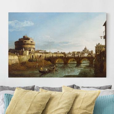 Leinwandbild - Bernardo Bellotto - Ansicht Roms in Richtung Westen, mit Booten auf dem Tiber und dem Castel Saint'Angelo in der Ferne - Quer 3:2