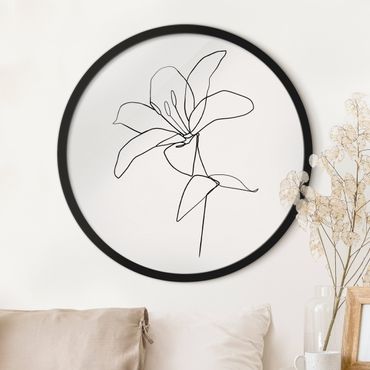 Rundes Gerahmtes Bild - Line Art Blüte Schwarz Weiß