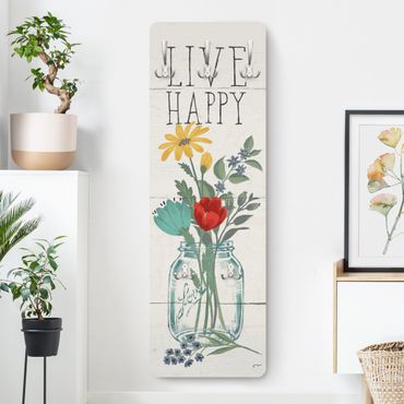Knagerække træpanel - Live Happy - Flower vase on wood