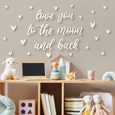 Vægdekoration i træ med 3D-bogstaver - Love you to the moon - Hearts