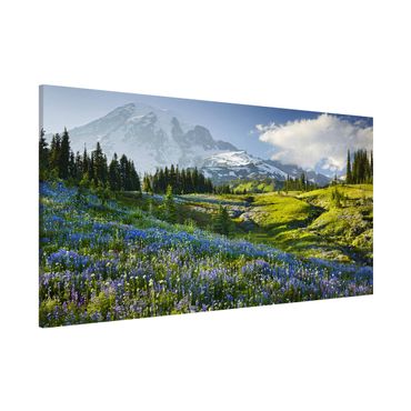 Magnettavla - Mountain Meadow With Blue Flowers in Front of Mt. Rainier